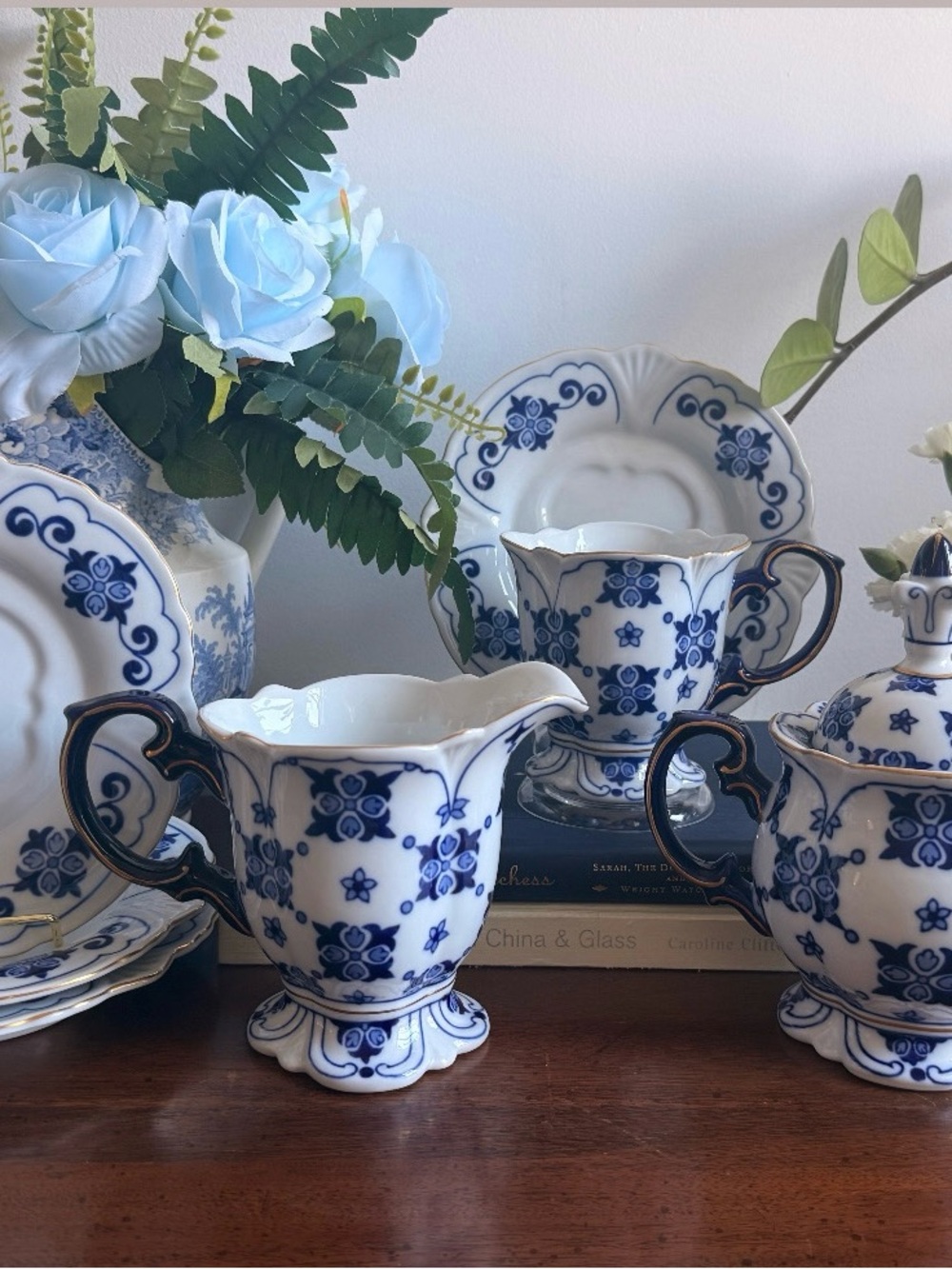 Blue Floral Porcelain Creamer and Sugar Set - Elegant Blue & White Dinnerware